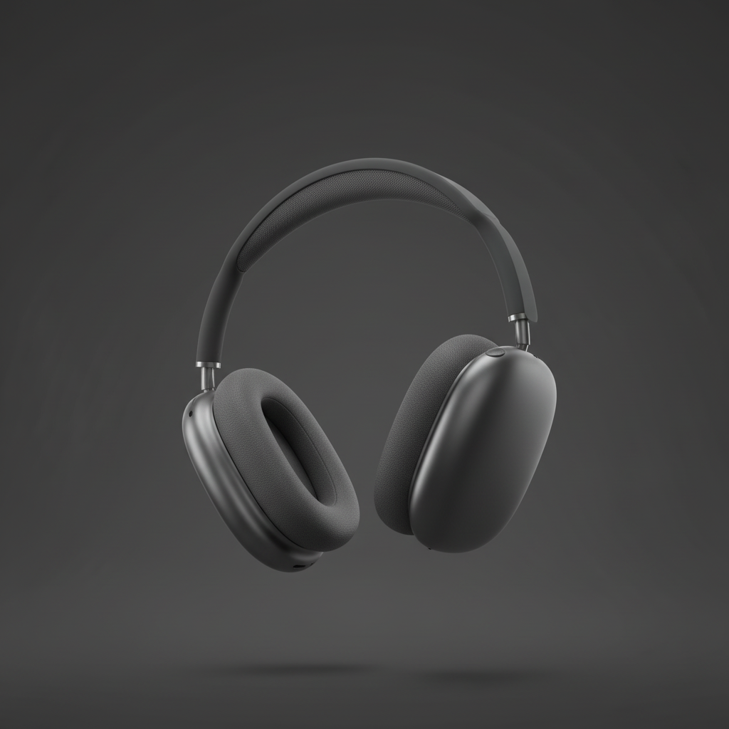 Space gray AirPods Max floating — dark gray background